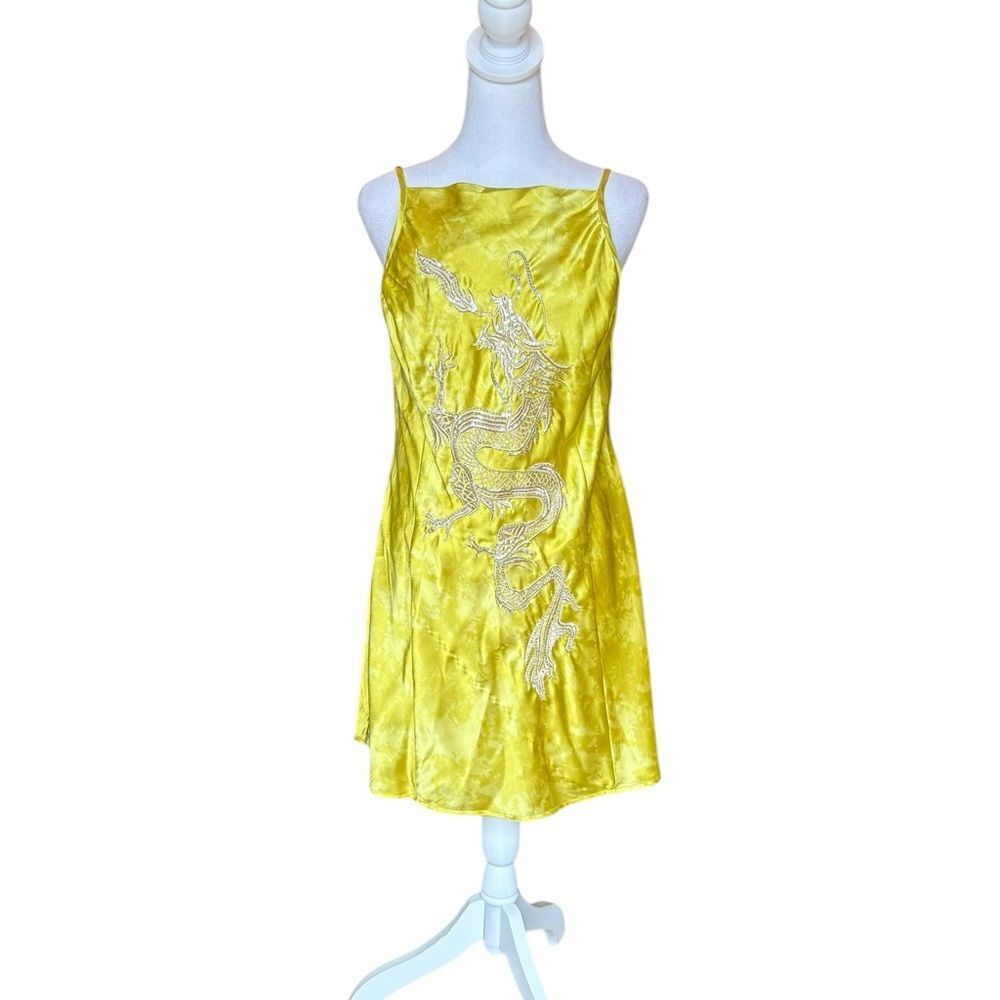Urban Outfitters Bird Song Satin Mini Dress Dragon Embroidered Sequins 90s Large - Picture 2 of 15